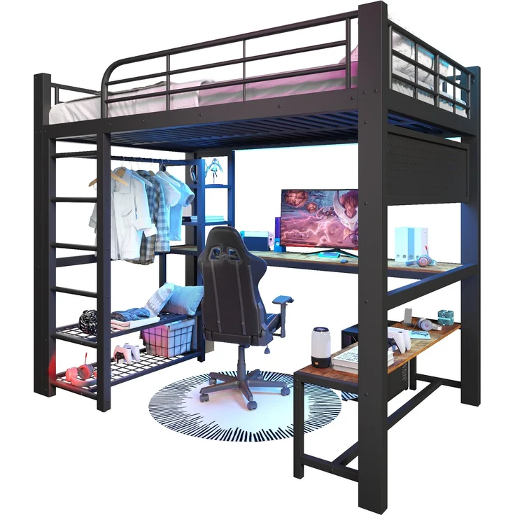Merax Hochbett, Kinderbett 140×200cm, Jugendbett Gitter zum Aufhängen von Gegenständen, mit LED-Lichtleiste, Ohne Matratze, schwarz – Bild 10