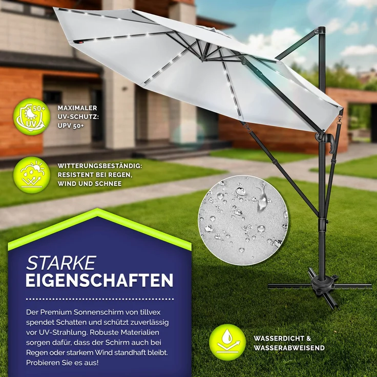 tillvex® Premium Alu Sonnenschirm 330 cm Grau + Abdeckung & Windsicherung | Ampelschirm 6-Fach Verstellbar mit Kurbel | Gartenschirm 360° Drehbar Neigbar Kippbar | Kurbelschirm UV50+ Groß wasserdicht – Bild 2