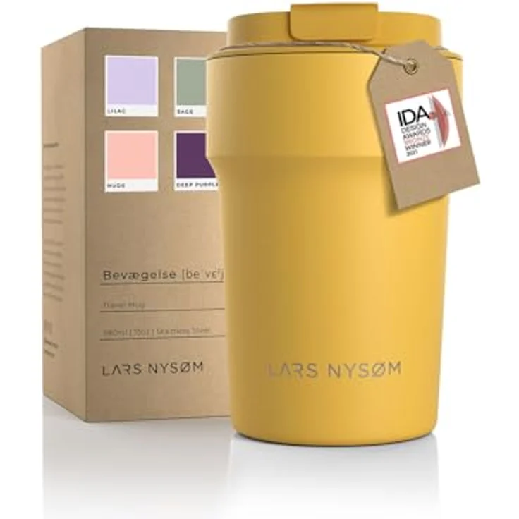 LARS NYSØM Thermo Kaffeebecher to go 380ml | Travel Mug 0,38 Liter mit Isolierung | Auslaufsicherer Edelstahl Thermobecher für Kaffee und Tee unterwegs | Teebecher (Mustard Yellow, 380ml) – Bild 1