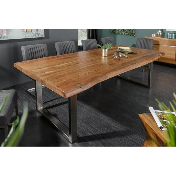 riess-ambiente Baumkantentisch MAMMUT NATURE 200cm honigfarben (natur) / silber (Einzelartikel, 1-St), Massivholz · Edelstahl · Kufen · 6cm Platte · lackiert · Esszimmer – Bild 3