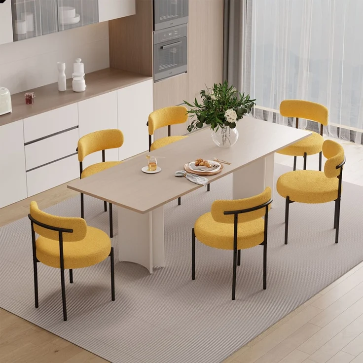Hawthyhome Esszimmerstühle 4er Set Polsterstuhl mit runder Rückenlehne, Teddy Stoff Boucle Bezug, weich & kuschelig, ergonomisches Design, stabiles schwarzes Metallgestell, vielseitig für Esszimmer, Küche & Wohnbereich, Gelb – Bild 7
