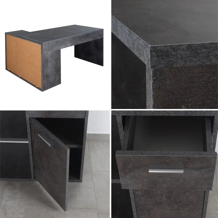 Schreibtisch klein 136 x 101 x 75 cm Betonoptik Grau – Bürotisch Eckschreibtisch RICOO WM083-BG