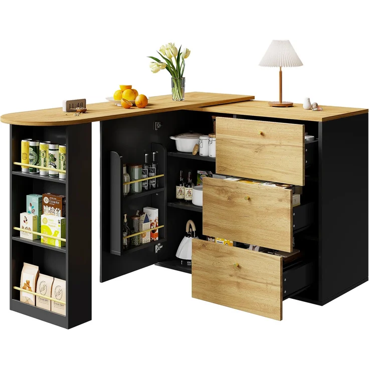 Ausziehbarer Bartisch 138–204×39×104 cm, 360° Dreh- und Ausziehfunktion, Wellendekor-Türen, 3 Schubladen, 3-stufiges Seitenregal, 104cmx138-204cmx39cm, Schwarz – Bild 9