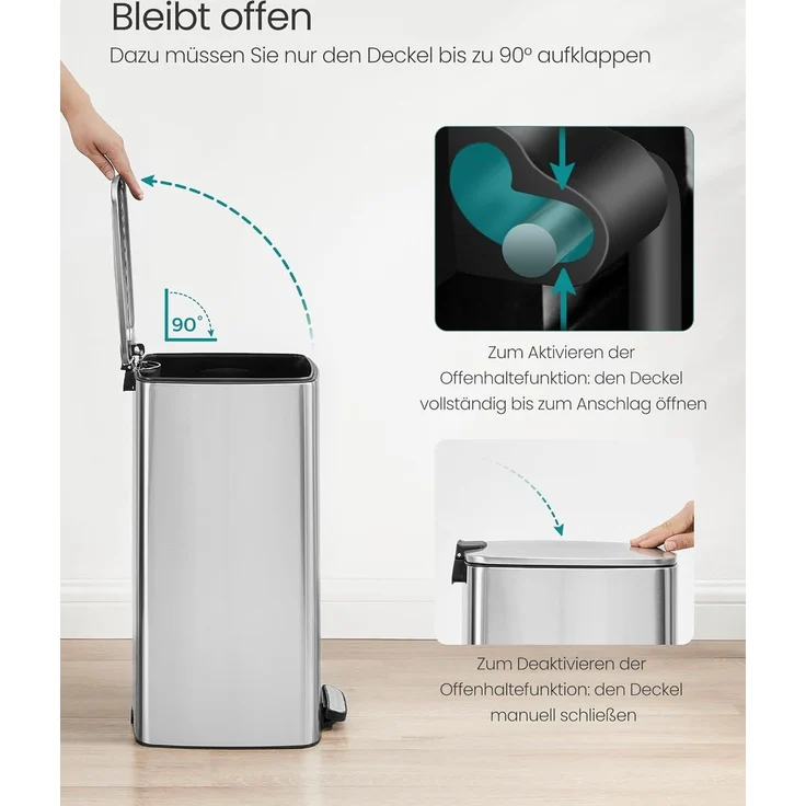 SONGMICS Mülleimer Küche, 30 Liter Abfalleimer, Tretmülleimer, Stahl, mit Inneneimer, Softclose, Offenhaltefunktion, metallicsilber LTBDE593E01 – Bild 5