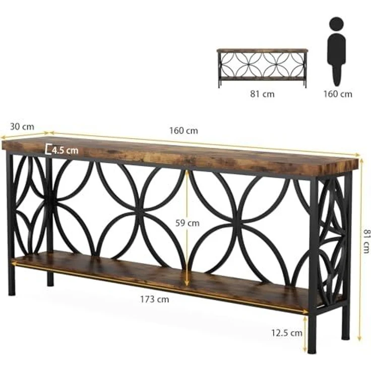 LITTLE TREE Sofatisch, 160 cm großer Industrie-Couchtisch hinter dem Sofatisch mit Aufbewahrungsregalen, schmaler Langer Konsolentisch für den Eingangsbereich, Wohnzimmer, Foyer, Flur, Büro – Bild 3