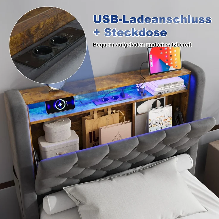 Polsterbett aus Holland-Velours mit LED, USB-C & hydraulischem Stauraum, ohne Matratze, 90x200 cm, Grau – Bild 4