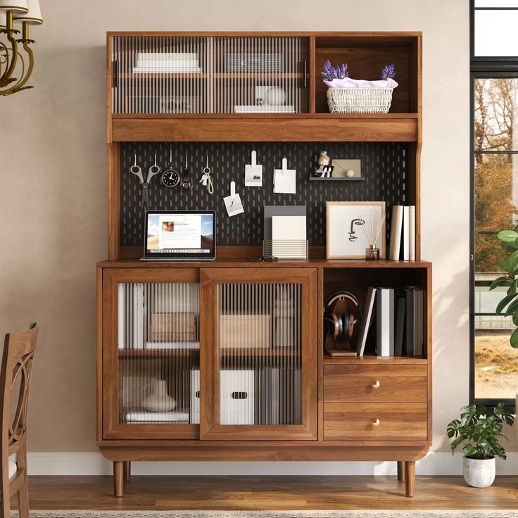 Flieks Küchenbuffet 117 x 30 x 170 cm mit 4 Riffelglas-Schiebetüren, Lochplatten-Rückwand, 2 Schubladen und offenen Fächern, Walnussfarben – Bild 3