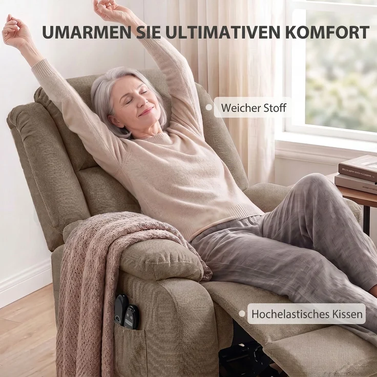 HOMCOM Fernsehsessel mit Aufstehhilfe, Samt, Braun, 93 x 104 x 100 cm – Bild 6