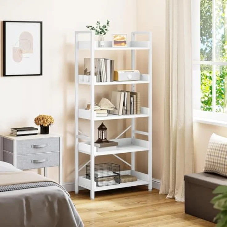 YITAHOME Offenes Bücherregal mit 5 Ebenen, schmal und hoch aus Metall mit 4 Haken, industrielles Lagerregal für Wohnzimmer, Home Office, Reinweiß – Bild 4
