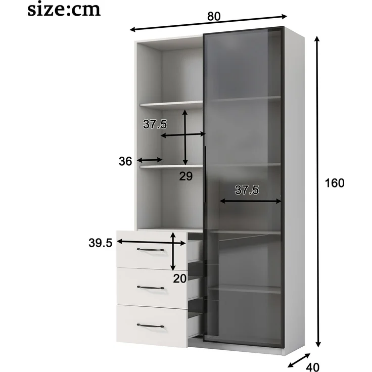 LED-Vitrine 80 x 40 x 160 cm aus Spanplatte mit Sicherheitsglastür, 3 Schubladen und 7-Farben-LED – Bild 4