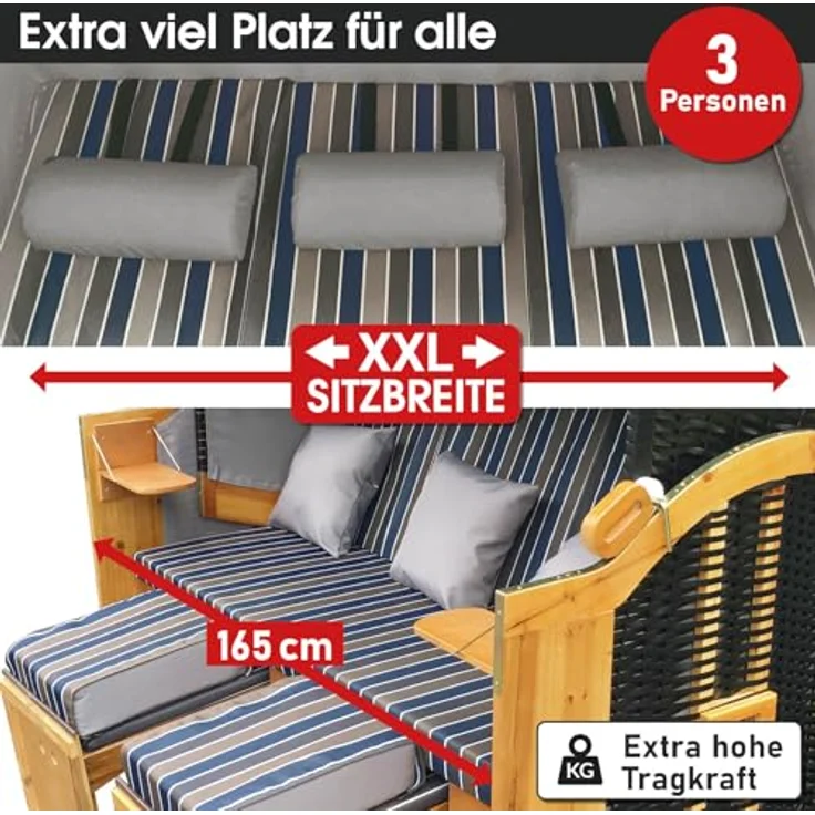 BRAST® Strandkorb Usedom 3-Sitzer XXL für 2-3 Personen | 165cm breit | 5 Designs | inkl. wetterfeste Abdeckhaube | verstellbare Rückenlehne Fußkissen | Braun/Blau - gestreift – Bild 3