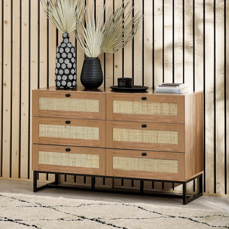 Julian Bowen Padstow Kommode mit 6 Schubladen, Eiche, Melamin mit Rattanfront und Metallsockel, Oak, 6 drawer – Bild 4