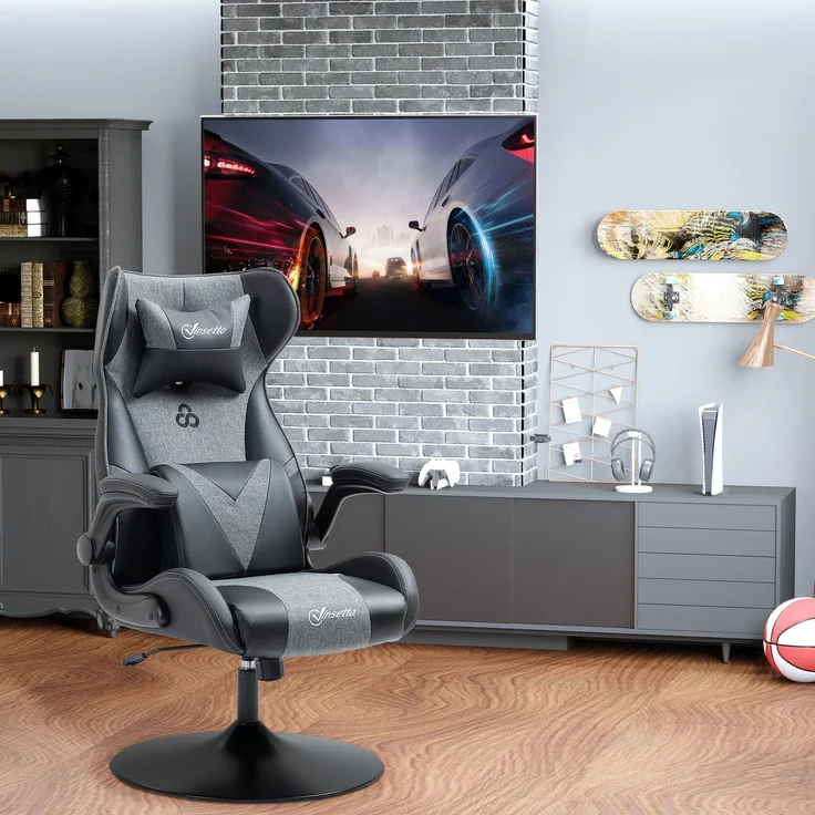 MELAYR, Gaming-Stuhl, höhenverstellbar & drehbar, Kunstleder-Bezug, klappbare Armlehnen, Schwarz+Grau, 73 x 69 x 118 cm – Bild 4