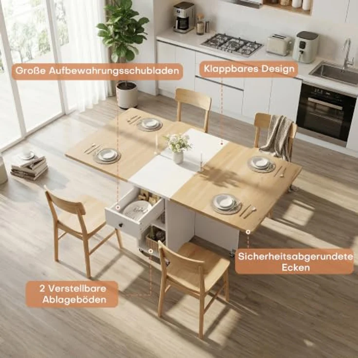 Jocoevol Platzsparender klappbarer Esstisch für 4 Personen, Klappbarer Esstisch mit Schublade und Ablagefach,Küchen und Esszimmertisch mit Rollen und Ausklappbarer Tischplatte für Kleine Räume-Weiß – Bild 3