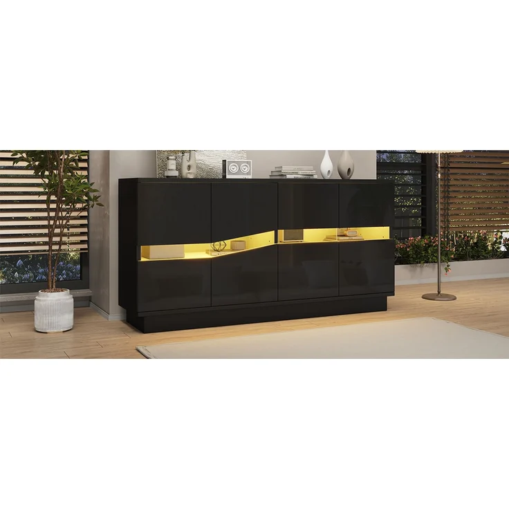 ZUBALIYA Sideboard 140x35x70 cm, mit LED-Beleuchtung, Hochglanz, mit 4 Türen, aus Spanplatte, Schwarz – Bild 21
