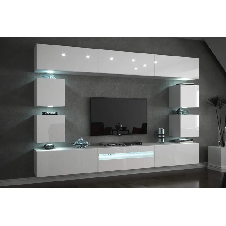FURNITECH Future C81 Wohnzimmer Wandschrank Mediawand mit Led Beleuchtung Schrankwand Wohnwand Möbel (C81-HG-W2 1B (273 cm), LED blau)