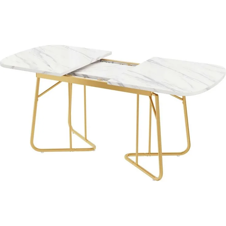 BBWL Esstisch Weißer Erweiterbarer Esstisch mit Marmorstruktur und Gold-Metallbeinen (140 bis 180 x 80 cm moderner minimalistischer Luxusstil robuste MDF-Tischplatte belastbar bis 60 kg eleganter rechteckiger Tisch für 4 bis 6 Personen vielseitig erwei...