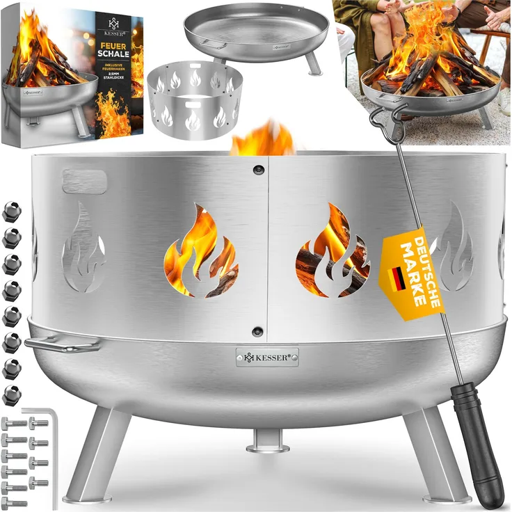 KESSER® Feuerschale mit 2,5 mm Stahldicke Feuerkorb aus Edelstahl / Stahl inklusive 42cm Feuerhaken aus Gusseisen, Wasserablauf & 2 stabile Griffe für Holz & Kohle Feuerstelle für Garten & Terrasse Ø 70 cm, Edelstahl + Funkenschutz