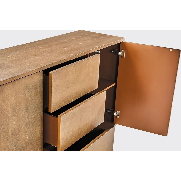 KAWOLA Sideboard GALA 2 Türen 3 Schubladen Kunstleder goldfarben Fuß Edelstahl gebürstet 85 x 40 x 140 cm – Bild 2