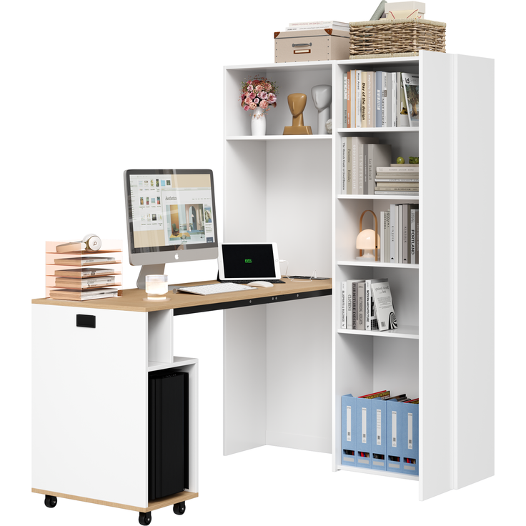 Klappbarer Schreibtisch 104,5 × 30,5 × 160 cm, 2-in-1 mit Bücherregal, EU-Steckdose & USB, 2 höhenverstellbaren Ablagen, PC-Fach, MDF, Weiß – Bild 9