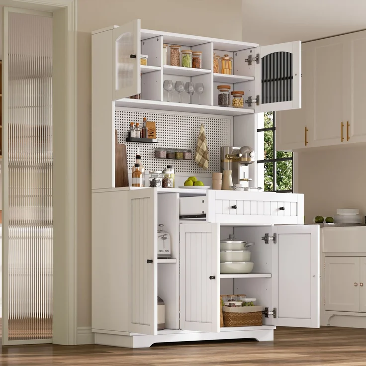 ZUBALIYA Vitrinenschrank mit Tür / Küchenschrank, mit verstellbaren Einlegeböden und lochblech, Weiß, 103.5 x 40 x 180 cm, fürs Kinderzimmer, mit Schubladen, mit Stauraum – Bild 7