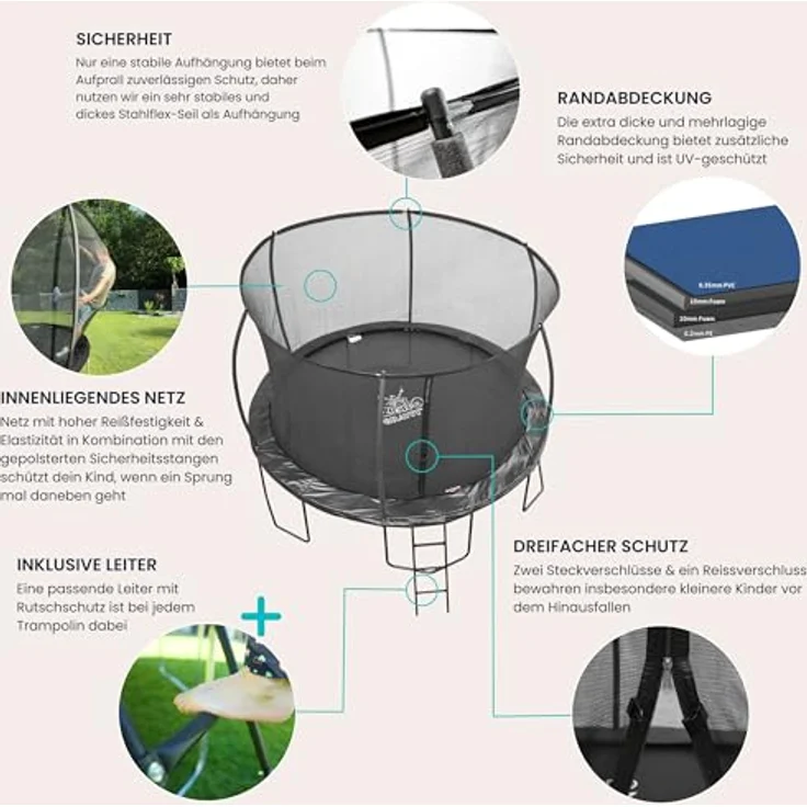 Zero Gravity Outdoor Trampolin Ø 427cm, TÜV-geprüftes Gartentrampolin inkl. Leiter und Aufbauvideo, sturmsicher mit gepolsterter Randabdeckung und Sicherheitsnetz – Bild 5