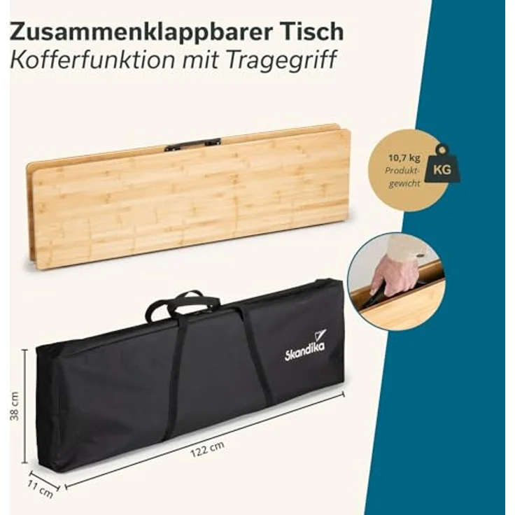 Skandika Campingtisch Tobro Bambus Klapptisch 120 x 70 cm, Gartentisch, Balkontisch, faltbar, klappbar, höhenverstellbar, bis 100 kg, wetterfest, Tragetasche – Bild 7