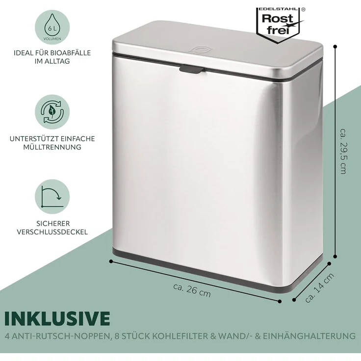 eluno Biomülleimer 6L mit Geruchsfilter, 3 Montagearten, Edelstahl – Bild 7