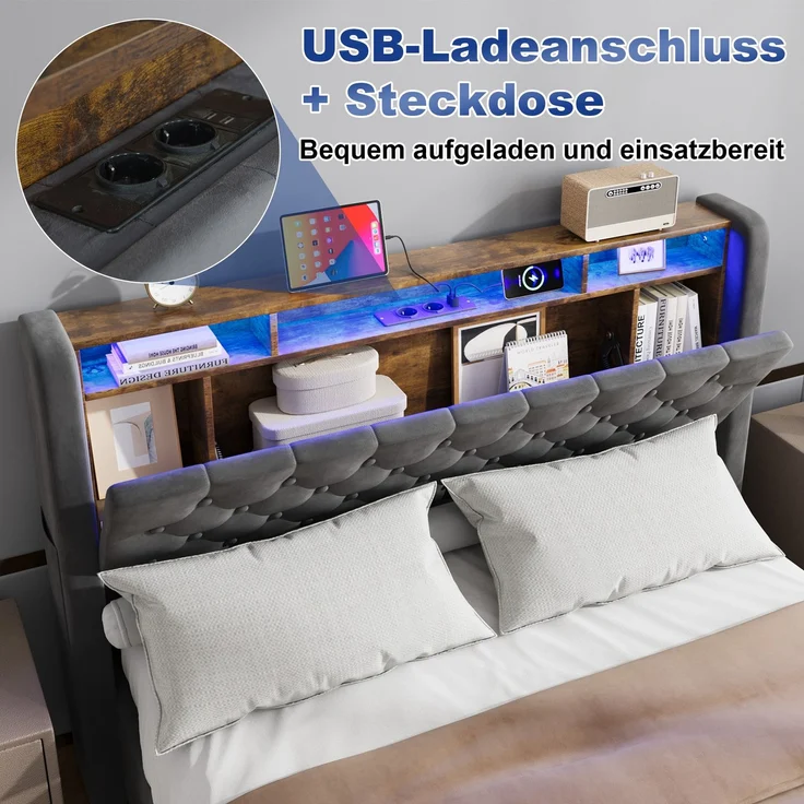 Polsterbett aus Holland-Velours mit LED, USB-C & hydraulischem Stauraum, ohne Matratze, 140x200 cm, Grau – Bild 4