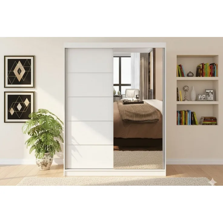 Deine Möbel 24 Schwebetürenschrank VELMA 05 Kleiderschrank 150 cm breit mit Spiegel (Set, 1-St, Weiß Matt Kaschmir Grau Eiche Sonoma) 2 Schiebetüren, 5 Einlegeböden und Kleiderstange