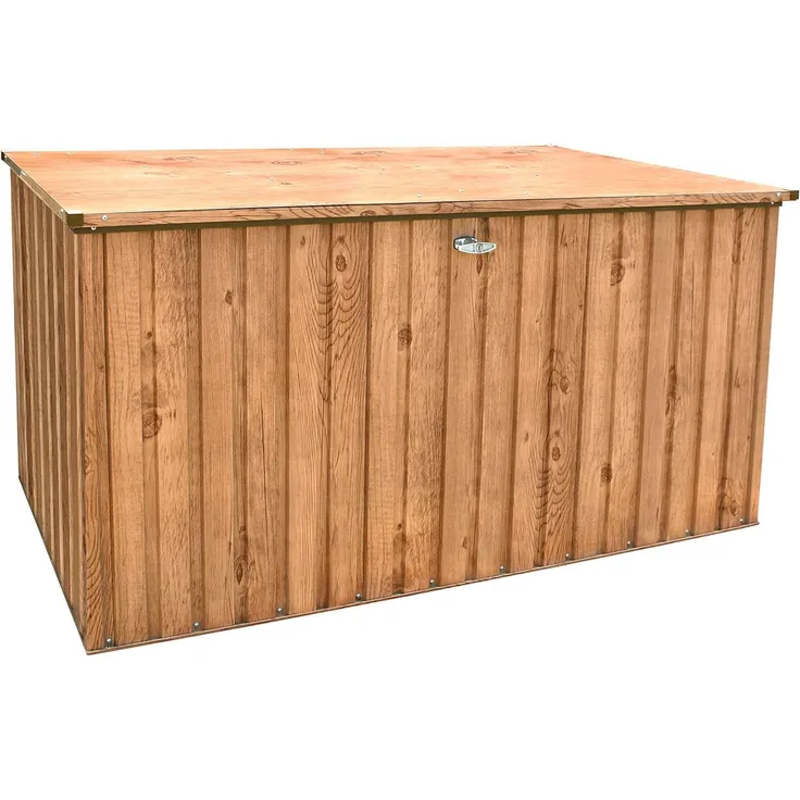 Duramax DH 1.9 (1450 L) Kissenbox aus Metall mit hydraulischer Gasdruckfeder und Vorhängeschlossöse, Terrassenbox und Gartenmöbelaufbewahrung für den Außenbereich, Holzmaserung