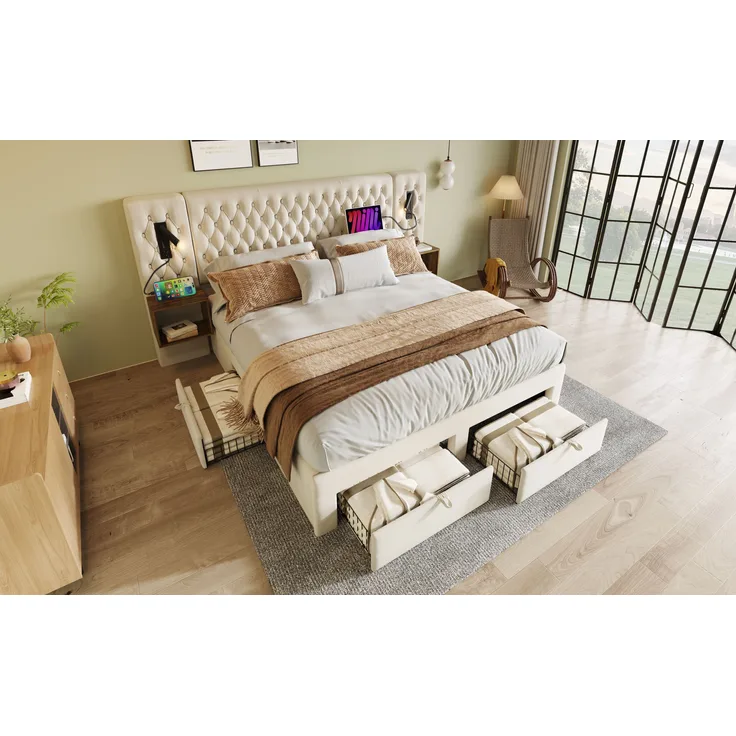 Bettanlage, Samt, mit 2 Nachttischen & USB-Anschluss, 160x200 cm, Beige, ohne Matratze