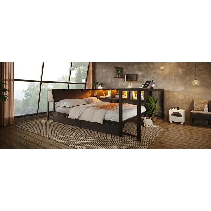 U-life Metallbett 140x200 cm, für Jugendliche, LED-Beleuchtung, Schreibtisch & Schubladen, Multifunktionales bett, MDF, Schwarz – Bild 10