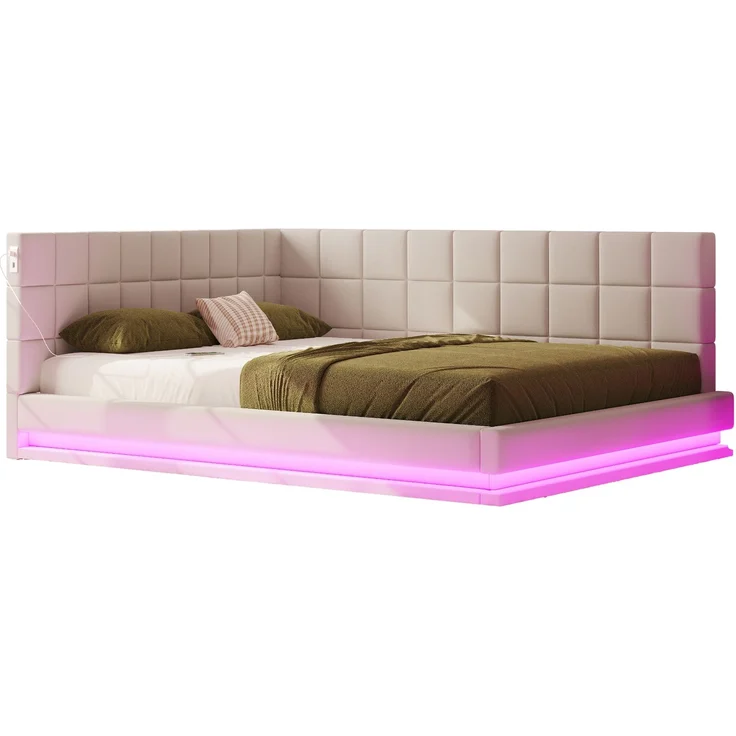 Polster Schlafsofa mit LED-Beleuchtung & USB-Ladefunktion, wandelbar,stabiler Lattenrost,bis 250kg belastbar,Beige – Bild 8