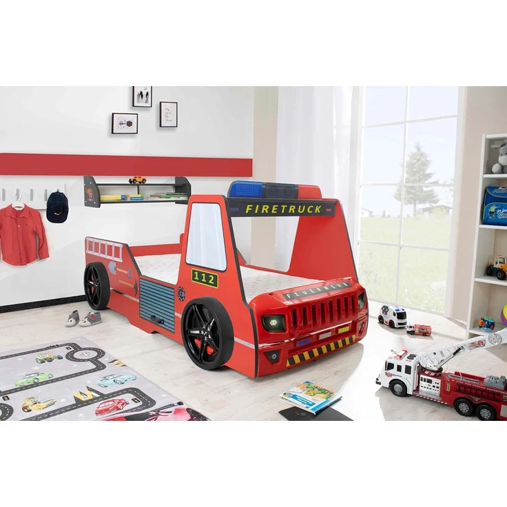 Autobett Kinderbett 90x200 Feuerwehrbett "Rio Firetruck" Hochglanz mit LED Leuchte Rot – Bild 1