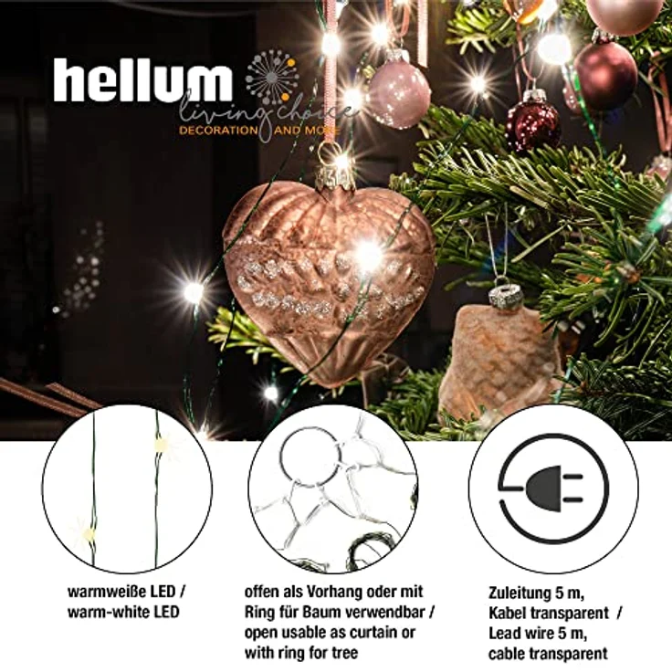 hellum LED Christbaumbeleuchtung mit Ring, Tauperlen Lichterkette Außen für Weihnachtsbaum, 12 Stränge als 1,1x2m Lichtvorhang oder 2m Dekoration, wetterfest, extrahelle LEDs – Bild 3