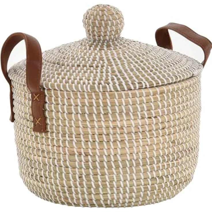 Krines Home Aufbewahrungskorb Set/2 Handgearbeiteter Seegras Dekokorb mit Deckel zur Aufbewahrung (2 St, 2er-Set), Flechtkorb Korb Natur mit weißen Wicklungen Rund Hell Natur – Bild 7