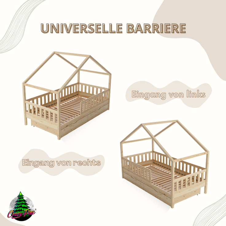 Crazy Pine 'Crazy House' Hausbett mit abnehmbaren Rausfallschutz, Naturholz, Natur, 80x160 cm, mit Schubladen – Bild 6