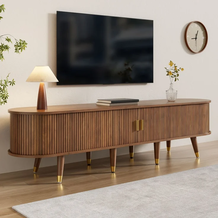 EINHOM 2-Teiliges Wohnzimmerset, Couchtisch mit Hubplatte, TV-Schrank, Schiebetüren, Vertikale Riffelung, Holzfüße, Goldene Griffe, Stauraum – Bild 7