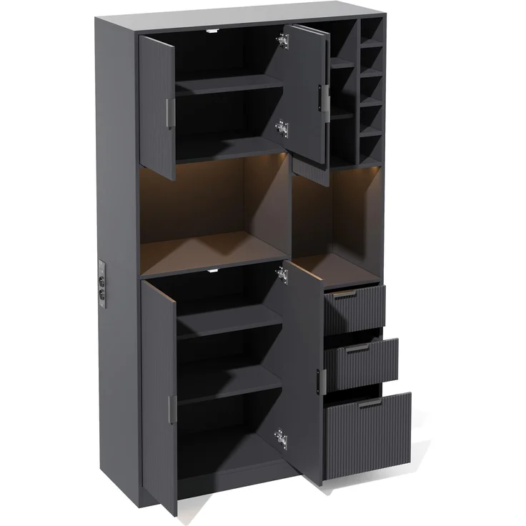 ZUBALIYA Weinschrank 105x40x180 cm, mit LED-Beleuchtung, mit Steckdosen, mit verstellbaren Einlegeböden, aus MDF, Schwarz – Bild 22
