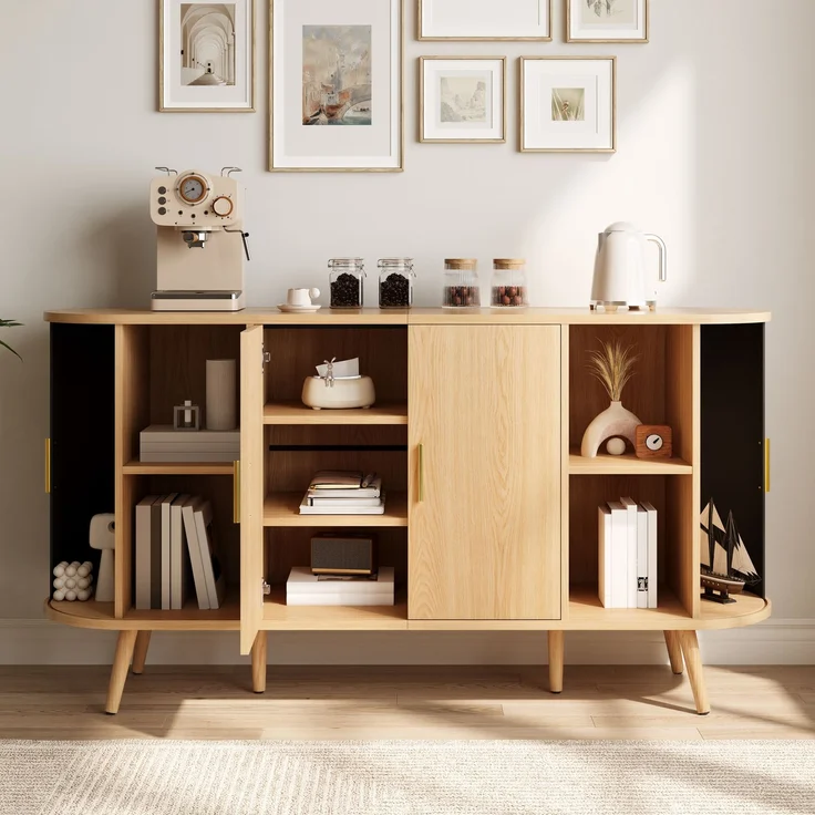 Merax Sideboard mit Schiebetüren an den Seiten, gebogenes Design mit vertikaler Rillenverkleidung, Griffleisten aus Metall, Aufbewahrungsschrank, Natur – Bild 2