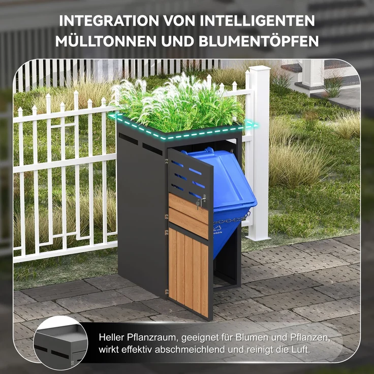 Flieks Outdoor Mülltonnenbox mit Pflanzablage, Einzelne 66×80×128 cm, 1-türiger Outdoor Aufbewahrungsschrank aus Stahl, anthrazit – Bild 5