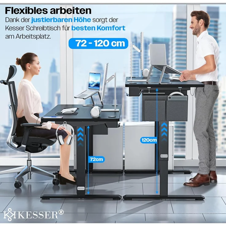 KESSER® Höhenverstellbarer Schreibtisch elektrisch | Ergonomisch Steh-Sitz Schreibtisch | 3-Funktions-Memory Steuerung | Inkl. 360° Rollen & USB-Ladeanschluss | Computertisch für Homeoffice Schwarz, 180 x 80 cm – Bild 5