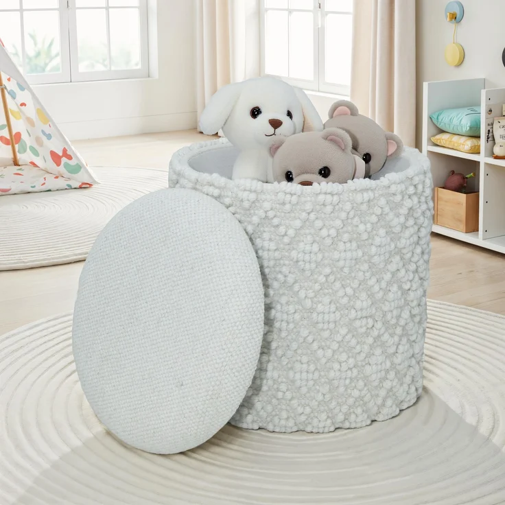 Hocker Boho Wolle mit Stauraum Ø40xH45cm Weiß abnehmbare Sitzfläche – Bild 4