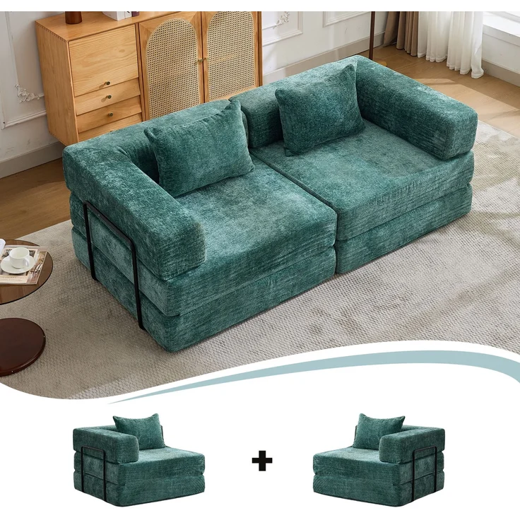 Schlafsofa aus Chenille, faltbar und modular, 100x200x63 cm, Dunkelgrün – Bild 2
