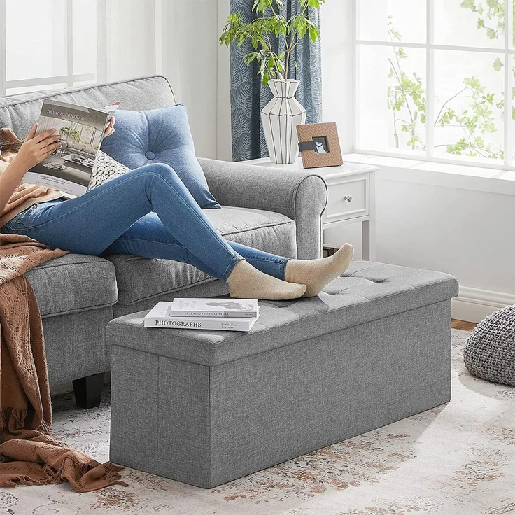 Sitzbank, 110 cm lang, Sitztruhe mit 120 L Stauraum, belastbar bis 300 kg, aus Leinen, hellgrau LSF77G – Bild 4