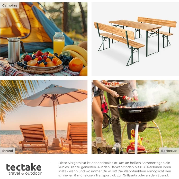 tectake® Bierzeltgarnitur mit Lehne, Biertisch Klapptisch mit 2X Sitzbank mit Lehne, Gartenmöbel Set, Camping Zubehör, Klapptisch Esstisch, Camping Tisch faltbar, Balkontisch, Campingtisch klappbar – Bild 7