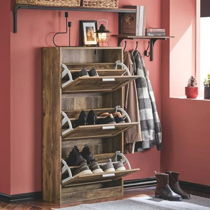 SoBuy Schuhschrank FSR137-BR, Braun, Holzwerkstoff, Schuhkipper mit 3 Klappen, 60x115x23 cm, für Eingangsbereiche – Bild 8