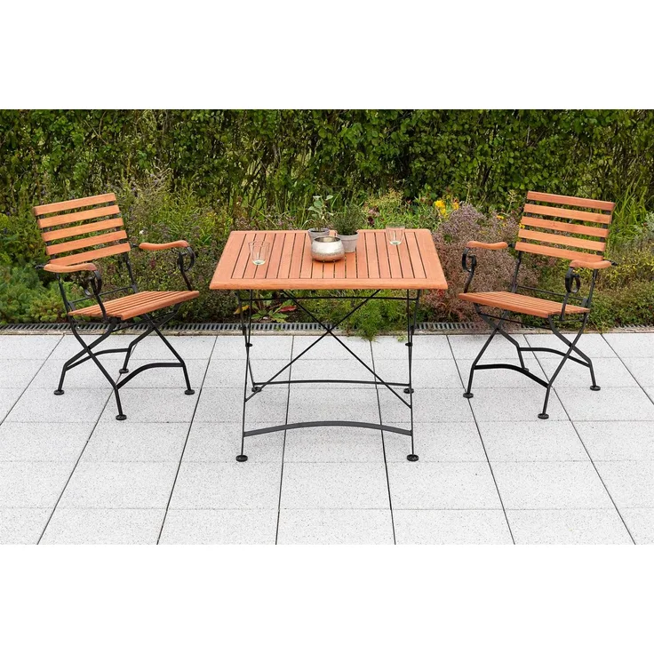 Schlossgarten Gartenmöbel Set 3tlg, 2 Klappsessel, Klapptisch 90 x 90 cm, Flachstahl/Eukalyputs