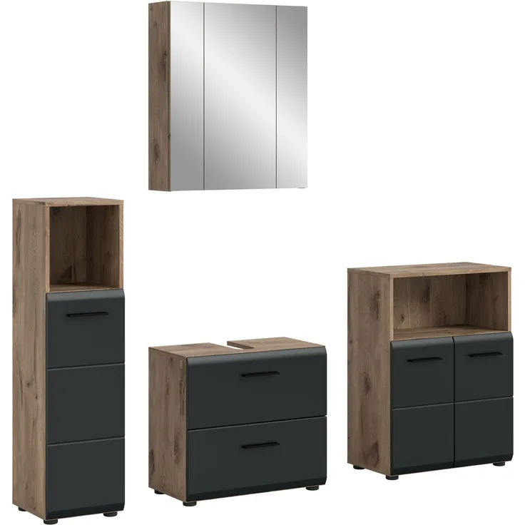 Badkombination (B/H/T: 180x185x30 cm) in schwarz matt und Nox Oak Nachbildung